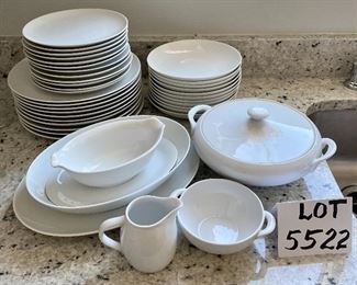 Lot 5522. $145.00 38 pieces of "Pacifica" fine china made in Portugal and purchased at Williams Sonoma 10 - dinner plates; 12 salad plates; 11 bowls; 1 cream & sugar set; 1gravy boat with attached plate; a 12" oval platter; 10" covered casserole; and a 10" x 7.5" oval bowl.