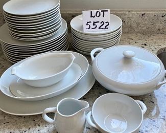 Lot 5522. $145.00 38 pieces of "Pacifica" fine china made in Portugal and purchased at Williams Sonoma 10 - dinner plates; 12 salad plates; 11 bowls; 1 cream & sugar set; 1gravy boat with attached plate; a 12" oval platter; 10" covered casserole; and a 10" x 7.5" oval bowl.