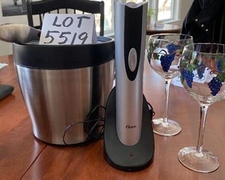 Lot 5519. $48.00. Nice OXO Ice Bucket with Tongs, Two adorable hand-painted wine glasses, and Oster wine opener.