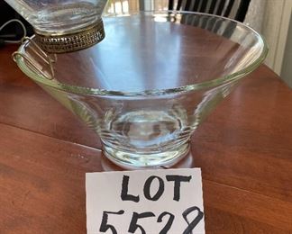 Lot 5528. $24.00. Vintage glass chip/dip set. The matching dip bowl has an attaching bracket. The large bowl is 11" diam x 9" tall and the dip bowl is 6" diam. The top bowl appears to be a tad cloudy, negligible if you are using it with dip!