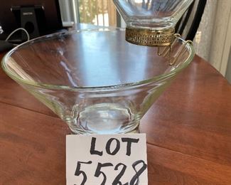 Lot 5528. $24.00. Vintage glass chip/dip set. The matching dip bowl has an attaching bracket. The large bowl is 11" diam x 9" tall and the dip bowl is 6" diam. The top bowl appears to be a tad cloudy, negligible if you are using it with dip!