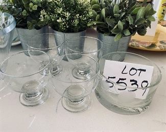 Lot 5539. $52.00 This lot includes a set of 4 glass pedestal dessert dishes/bowls and a Badash Coyle etched crystal bowl (5.5" in diameter). Keep an eye out for the potted greenery later in the sale.