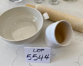 Lot 5544. $48.00 Emile Henry "salt pig" and a Hall Pottery Ceramic Bowl with handles (rolling pin is in 5572).