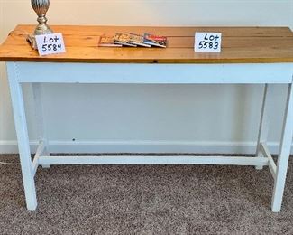 Lot 5583. $95.00 Rustic reproductions sofa table. Pinewood plank with white base and 4 posters. 48" L x 16" D x 29" H. We included 4 coasters by Detroit Coaster Co.