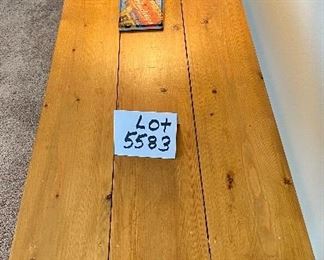 Lot 5583. $95.00 Rustic reproductions sofa table. Pinewood plank with white base and 4 posters. 48" L x 16" D x 29" H. We included 4 coasters by Detroit Coaster Co.