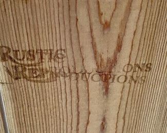 Lot 5583. $95.00 Rustic reproductions sofa table. Pinewood plank with white base and 4 posters. 48" L x 16" D x 29" H. We included 4 coasters by Detroit Coaster Co.