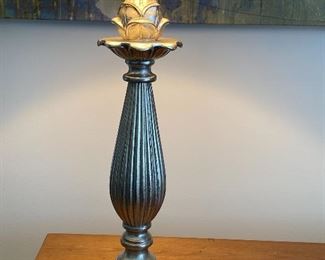 Lot 5584. $48.00 Antiqued silver table lamp base with artichoke detail. 28" H x 5" sq base.