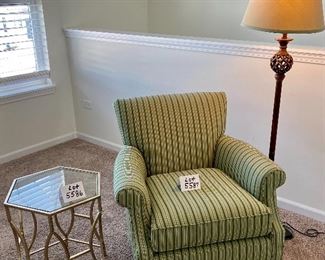 Lot 5587. $275.00. Crate & Barrel accent chair in green and gray striped pattern. Firm and comfortable. 33" H x 33" W x 31" D