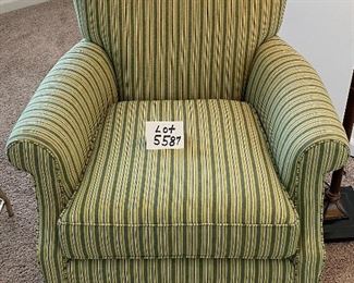 Lot 5587. $275.00. Crate & Barrel accent chair in a green and gray striped pattern. Firm and comfortable.