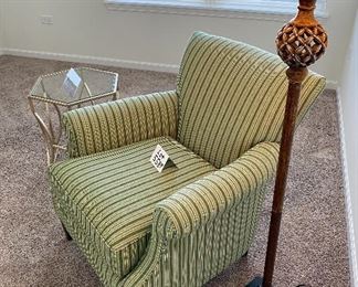 Lot 5587. $275.00. Crate & Barrel accent chair in green and gray striped pattern. Firm and comfortable. 33" H x 33" W x 31" D