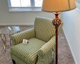 Lot 5588. $85.00. Antiqued wood-tone metal floor lamp. Base: 9.5" square, the lamp is 61" H; the shade is 14" diameter