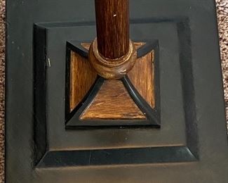 Lot 5588. $85.00. Antiqued wood-tone metal floor lamp. Base: 9.5" square, the lamp is 61" H; the shade is 14" diameter