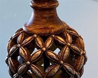Lot 5588. $85.00. Antiqued wood-tone metal floor lamp. Base: 9.5" square, the lamp is 61" H; the shade is 14" diameter