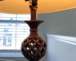 Lot 5588. $85.00. Antiqued wood-tone metal floor lamp. Base: 9.5" square, the lamp is 61" H; the shade is 14" diameter