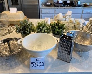 Lot 5562. $18.00. Steamer, Plastic Colander, Footed Aluminum Colander and Hand-Box Grater