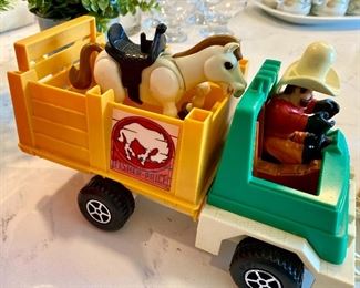 Lot 5570. $35.00. Fisher Price Vintage Firehouse, w/Building, Firemen, Dog, Plus Mini Bus with Teachers & Students. Vintage Husky Helper 1979, With Horse and cowboy and Truck Everything is in good shape but neither are complete!