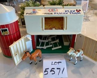 Lot 5571. $35.00. Very Collectible 1967 Fisher Price Family Play Farm, includes Barn, Silo, 3 Fences, Horse, Cow, Feeder. Rooster, Pig, Hen, sheep, Farmers, Dog