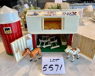 Lot 5571. $35.00. Very Collectible 1967 Fisher Price Family Play Farm, includes Barn, Silo, 3 Fences, Horse, Cow, Feeder. Rooster, Pig, Hen, sheep, Farmers, Dog