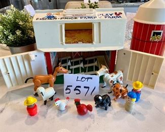 Lot 5571. $35.00. Very Collectible 1967 Fisher Price Family Play Farm, includes Barn, Silo, 3 Fences, Horse, Cow, Feeder. Rooster, Pig, Hen, sheep, Farmers, Dog