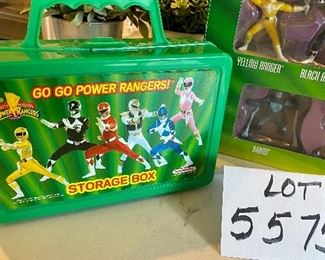 Lot 5575 $45.00. Container of mixed animals, dinosaurs, Indians and cowboys, Power Rangers Storage Box, and Power Rangers Collector Set One. May be missing a ranger or two.