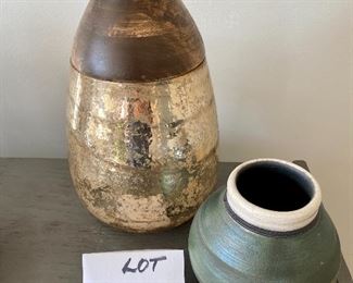Lot 5580. $38.00. Two Lovely vases - first is just shy of 12" tall, about 8" in diameter with Mercury Style Glass - Stunning, and the second is a 6x6" Nice Studio Pottery Vase, signed. Outstanding Decor.