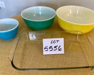 Lot 5556. $65.00. Lot of 3 Vintage Colored Pyrex Mixing Bowls (VERY COLLECTIBLE), 4 QT. YELLOW, 2.5QT GREEN AND the SMALLER BLUE BOWL, all in very good condition, and a Pyrex 8x13" glass baking dish - can't have enough of these.