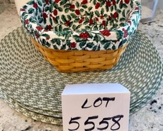 Lot 5558 $28.00. Longaberger Bread Basket with red & green liner, and 10 Round Placemats