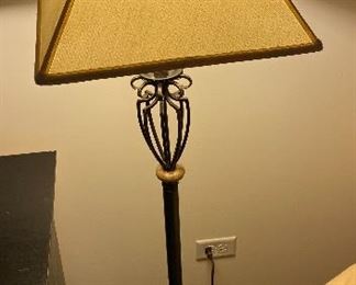 Lot 5608. $85.00. Floor Lamp with Cream Color Square Shade 15" sq., 59"tall, 10" deep - Black & gold metal finish.