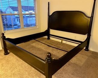 Lot 5603. $1,625.00 King Bedroom Set Includes Pennsylvania House Steve Tyrell Collection King 2 poster Headboard, (see index card following for story) Footboard and Frame, 73" tall, a tall Black chest dresser 38"w x 19" d, x53" tall 6 drawers; not branded, and 7 drawer dresser with cabinet with 2 drawers, 66" x 19" d x 33.5" unbranded as well, also in Black.