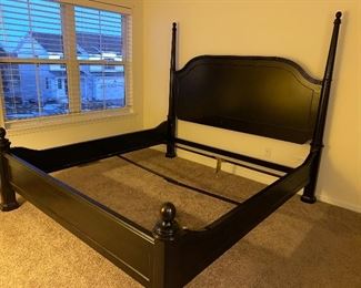 Lot 5603. $1,625.00 King Bedroom Set Includes Pennsylvania House Steve Tyrell Collection King 2 poster Headboard, (see index card following for story) Footboard and Frame, 73" tall, a tall Black chest dresser 38"w x 19" d, x53" tall 6 drawers; not branded, and 7 drawer dresser with cabinet with 2 drawers, 66" x 19" d x 33.5" unbranded as well, also in Black.