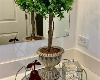 Lot 5611. $45.00. Attractive grouping for a bathroom counter or atop a dresser: Round Mirror Tray, with Parfumerie Paris Glass Organizer Container, Plus a Topiary Plant and a metal pear shaped candle
