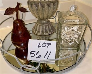 Lot 5611. $45.00. Attractive grouping for a bathroom counter or atop a dresser: Round Mirror Tray, with Parfumerie Paris Glass Organizer Container, Plus a Topiary Plant and a metal pear shaped candle