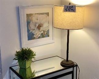 Lot 5590 (chest- SOLD), 5591 (lamp), 5593 (floral prints).