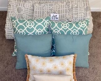 Lot 5594. $85.00. Bed Linens Lot - Real Simple King Size Comforter, With two pillows and shams, 2 Designer Euro Pillows and Shams, 2 Turquoise Pillows 16"x18", 1 Gold Designer Throw Pillow 19" x12", 1 Happy Together Pillow 13"x10"