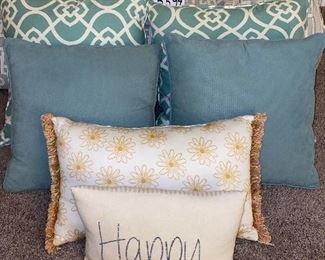 Lot 5594. $85.00. Bed Linens Lot - Real Simple King Size Comforter, With two pillows and shams, 2 Designer Euro Pillows and Shams, 2 Turquoise Pillows 16"x18", 1 Gold Designer Throw Pillow 19" x12", 1 Happy Together Pillow 13"x10"