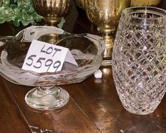 Lot 5599. $70.00 Beautiful footed glass bowl with etched lily pattern 12" diameter x 6" tall, Also a beautiful Cut Crystal Vase 10" tall by5.5" diameter, cross-hatched with Pineapple Border. No Marks
