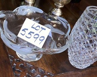 Lot 5599. $70.00 Beautiful footed glass bowl with etched lily pattern 12" diameter x 6" tall, Also a beautiful Cut Crystal Vase 10" tall by5.5" diameter, cross-hatched with Pineapple Border. No Marks