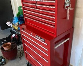 Lot 5624 $225.00 Tool Chest Combo includes: 1) Red Craftsman Quiet Glide Bottom Tool Chest 5 Drawer on Wheels with Lock and Key. 2) Husky 8 Drawer Top Tool Chest with Flip up Top with New Tool Caddy. Craftsman: 27" W x 18" D x 34" H; Husky: 26.5" W x 12.5" D and 19" H