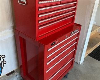 Lot 5624 $225.00 Tool Chest Combo includes: 1) Red Craftsman Quiet Glide Bottom Tool Chest 5 Drawer on Wheels with Lock and Key. 2) Husky 8 Drawer Top Tool Chest with Flip up Top with New Tool Caddy. Craftsman: 27" W x 18" D x 34" H; Husky: 26.5" W x 12.5" D and 19" H
