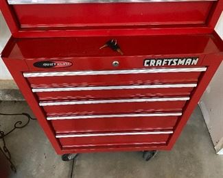 Lot 5624 $225.00 Tool Chest Combo includes: 1) Red Craftsman Quiet Glide Bottom Tool Chest 5 Drawer on Wheels with Lock and Key. 2) Husky 8 Drawer Top Tool Chest with Flip up Top with New Tool Caddy. Craftsman: 27" W x 18" D x 34" H; Husky: 26.5" W x 12.5" D and 19" H