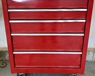 Lot 5624 $225.00 Tool Chest Combo includes: 1) Red Craftsman Quiet Glide Bottom Tool Chest 5 Drawer on Wheels with Lock and Key. 2) Husky 8 Drawer Top Tool Chest with Flip up Top with New Tool Caddy. Craftsman: 27" W x 18" D x 34" H; Husky: 26.5" W x 12.5" D and 19" H