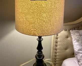 Lot 5617. $40.00. Dark Brown and Black Metal Lamp with Cream Color Shade, measures 34" H x 7" Base. Shade is 18" Doameter