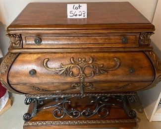 Lot 5623. $150.00. Cute Bombe Chest with a lot of detail - put in foyer with a mirror above, or use it for hats and gloves, in an office for cards and office supplies.