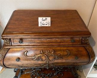 Lot 5623. $150.00. Cute Bombe Chest with a lot of detail - put in foyer with a mirror above, or use it for hats and gloves, in an office for cards and office supplies.
