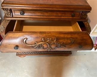 Lot 5623. $150.00. Cute Bombe Chest with a lot of detail - put in foyer with a mirror above, or use it for hats and gloves, in an office for cards and office supplies.