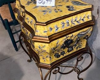 Lot 5644. $60.00. Very Attractive Storage Chest with 2 Handles, flips open on top, sits on metal frame, imported 21" W x 17" D x 30" H, Great for Storing Photos, Documents, etc.