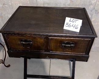 Lot 5646. $38.00. 2- Drawer Cabinet sits on Luggage Rack - wood with 2 leather handles.