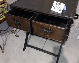 Lot 5646. $38.00. 2- Drawer Cabinet sits on Luggage Rack - wood with 2 leather handles.