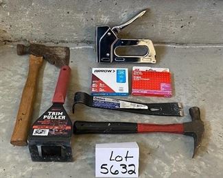 Lot 5632 $28.00. Misc tool Lot includes Hatchet, Trim Puller, Crow Bar, Pipe Wrench, Stanley Bostitch Stapler, and Staples and Pry Bar.