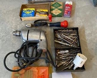Lot 5633. $40.00 Tool Lot includes: Electric Drill and Drill Bits; Hand Drill, Stapler and Staples; 25' Electric Cord